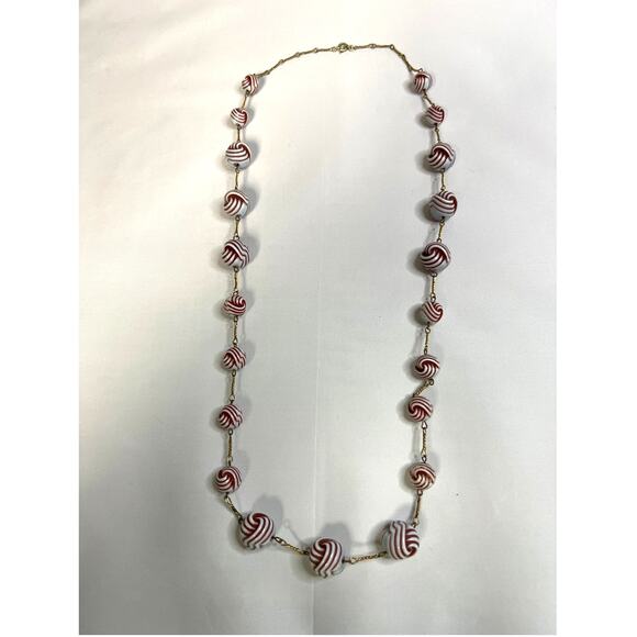 VTG Red and White Bulb Bead Necklace with Gold Tone Accent - Picture 2 of 4